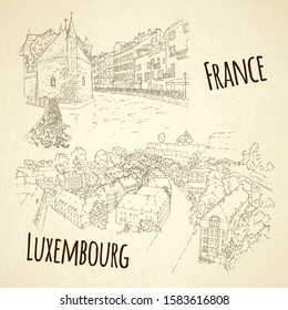 Set of city sketching. Line art silhouette. Travel card. Tourism concept. France, Annecy, Palais de l’Isle. Luxembourg. Sketch style vector illustration.
