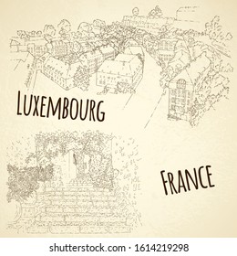 Set of city sketching. Line art silhouette. Travel card. Tourism concept. France, Saint-Paul-de-Vence. Luxembourg. Sketch style vector illustration.
