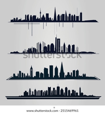 Set of city skyline silhouettes featuring various iconic urban landscapes. Perfect for travel, architecture, or urban-themed designs, these minimalistic cityscapes capture the essence of different met
