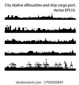 Conjunto de siluetas de perfil urbano en un estilo plano para el pie de página o efecto paralelo. Moderno paisaje urbano y puerto de carga con grúas.  Vector EPS10.