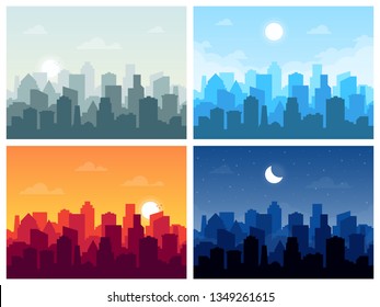 Set Of City Skyline Vector Illustration In Flat Style. City Buildings Silhouette Different Times Of The Day: Morning, Afternoon, Evening, Night.