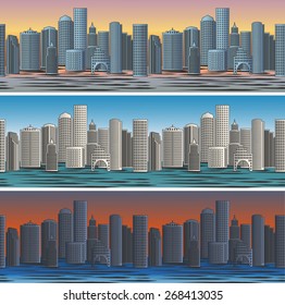 Set of city skylines in morning, afternoon and evening backgrounds seamless. Twilight and business district. Vector illustration