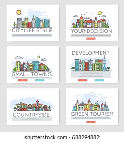 Set of city skylines and suburban different buildings in skyline.  Thin line vector illustration design concept.
