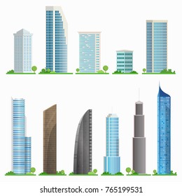 Set of city skyscrapers.Isolated buildings with modern architecture.Vector illustration. 