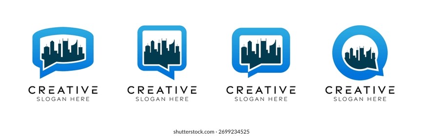 Conjunto de modelos de design de logotipo da bolha de fala da cidade. Cidade isolada moderna com design de bolhas de fala para serviços urbanos, comunicação e tecnologia.
