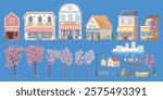 Set of city spring. Panorama street with houses, shops, cafes and blooming trees. Cozy street in flat cartoon style.