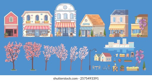 Set of city spring. Panorama street with houses, shops, cafes and blooming trees. Cozy street in flat cartoon style.