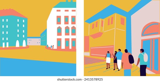 Set City street road skyscraper buildings view modern cityscape downtown billboard advertising horizontal flat vector illustration