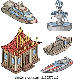 set of city structures, buildings and transport vector