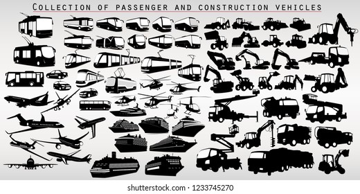 A set of city transport silhouettes, airplanes and construction machines