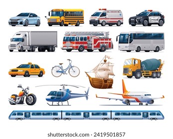 Set of city transportation vehicles. Collection of various kinds of vehicles. Vector cartoon illustration