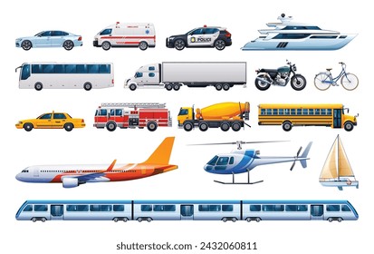 Conjunto de vehículos de transporte urbano. Colección de varios tipos de vehículos. Ilustración de dibujos animados