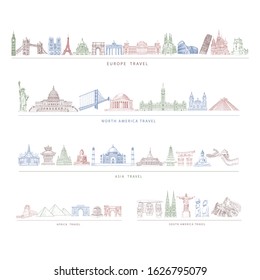 Set of City travel landmarks, tourist attraction in various places of World.