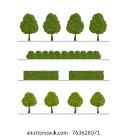 Set of city tree, bush, hedge decoration elements, flat style vector illustration isolated on white background. Collection of green tree, bush and hedge elements, city landscape elements