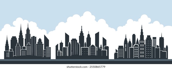 Set of city urban skyline silhouettes. Modern cityscapes. Urban backgrounds. City skyscrapers buildings. Flat illustration