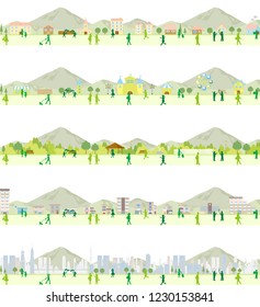 set of city,mountain and people illustration