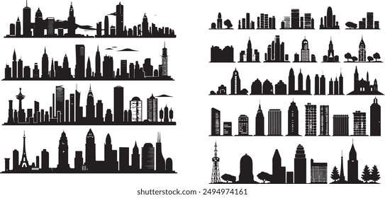 Set of Citys black Silhouette vectors, icons styles