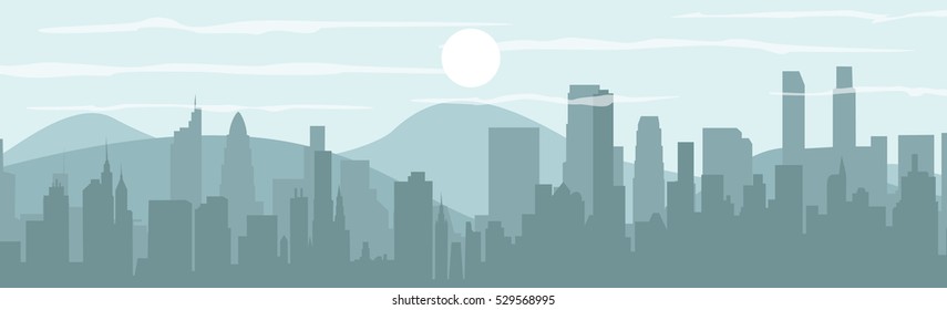 Set of cityscape background. Buildings silhouette cityscape with mountains. Modern architecture. Urban landscape. Horizontal banner with megapolis panorama. Vector illustration