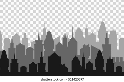 Set of cityscape background. Skyline silhouettes. Modern architecture. Black urban landscape. Horizontal banner with megapolis panorama. Building icon. Vector illustration on transparent