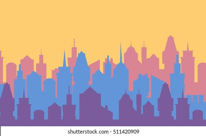 Set of cityscape background. Skyline silhouettes. Modern architecture. Blue urban landscape. Horizontal banner with megapolis panorama. Building icon. Vector illustration on orange