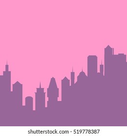 Set of cityscape background. Skyline silhouettes. Modern architecture. Pink urban landscape. Horizontal banner with megapolis panorama. Building icon. Vector illustration on transparent