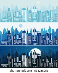 Set of cityscape background. Skyline silhouettes. Modern architecture. Blue urban landscape. Horizontal banner with skyscraper panorama. Building icon. Vector city illustration