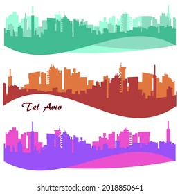Set of cityscape backgrounds City Skylines silhouette Tel Aviv Israel green, orange, red, pink, violet banners,  isolated on white background vector illustration