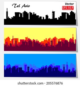 set of cityscape backgrounds City Skylines silhouette Tel Aviv Israel  black white red blue banners isolated on white background vector