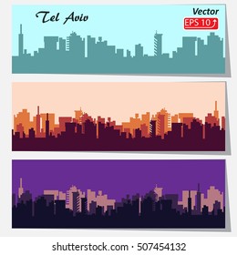 set of cityscape backgrounds City Skylines silhouette Tel Aviv Israel green red violet banners isolated on white background vector