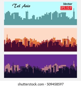 set of cityscape backgrounds City Skylines silhouette Tel Aviv Israel green red violet banners isolated on white background vector illustration