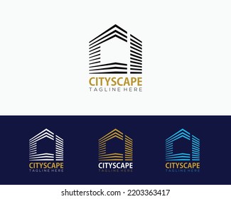 Set of Cityscape Building logo with line art style. Initial Letter CI Golden Real Estate Apartment with CI Monogram luxury elegant logo design