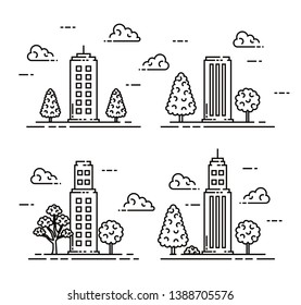 set of cityscape building with pine trees and clouds vector editable