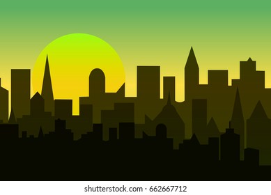 Set of cityscape at dawn. Horizontal banner with metropolis panorama.