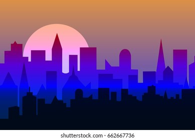 Set of cityscape at dawn. Horizontal banner with metropolis panorama.