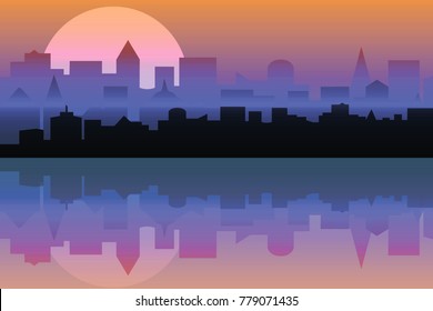 Set of cityscape at dawn. Horizontal banner with metropolis pano