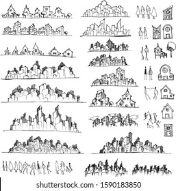 Conjunto de ilustraciones de dibujo de Cityscape Línea de esbozo dibujada a mano