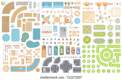 Set of cityscape. Elements of the street. Top view. Road, cars, people, furniture, playground, flowerbed. View from above. 