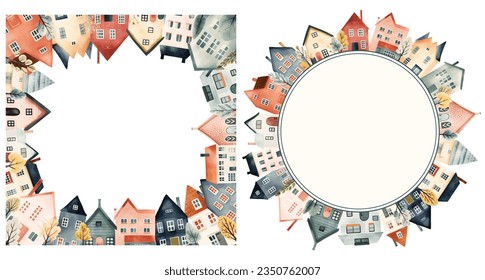 Set of cityscape frame, scandinavian houses. European town, frame with houses for your design, template.