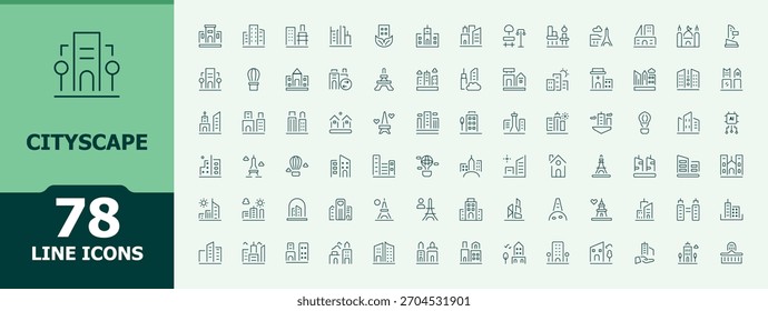 Conjunto de icono de línea de Cityscape. Contener signo lineal al aire libre, urbano, parque, tierra, jardín, paisaje, parque de la ciudad y más. Signo y Símbolo. Conjunto de iconos de paisaje. Trazo editable. colección de Vector.