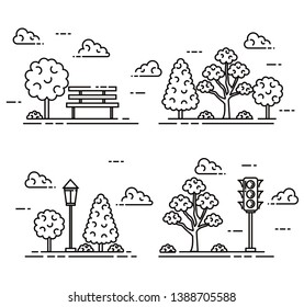 set of cityscape scene with trees and traffic lights with lamps vector editable