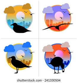 Set of cityscape with seagull icon