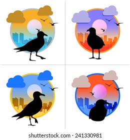 set of cityscape with seagull icon 