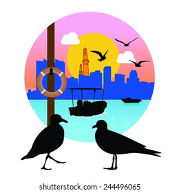 Set of cityscape with seagull icon
