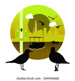 Set of cityscape with seagull icon