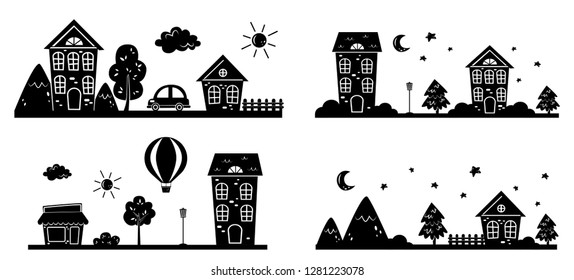 set of cityscape silhouettes.