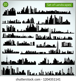 Set of cityscape silhouettes on a light gray background