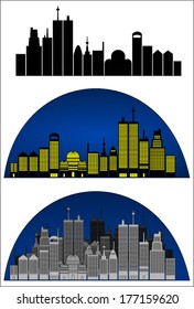 Set of cityscape in three versions, blue and yellow lights, grayscale and black silhouette building design. Night city skyline. Vector art image illustration isolated on white background, eps10