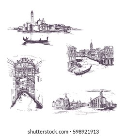 Set of Cityscape  Vector Illustration Line Sketched Up.Italy.Venice. Hand drawn  sketch of European city