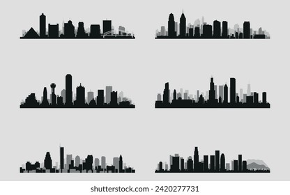 Set of cityscapes. Silhouettes of buildings. 6 pieces. Vector on a gray background
