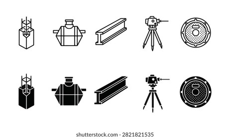 Set of civil engineering icons featuring concrete pillar, septic tank, steel I beam, total station, and manhole vector elements